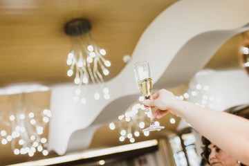 Woman raises a glass to toast during a wedding