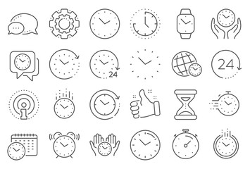 Time and clock line icons. Timer, Alarm and Smartwatch. Time management, 24 hour clock, deadline alarm icons. Sand hourglass, calendar and digital smartwatch, timer stopwatch. Line signs set. Vector