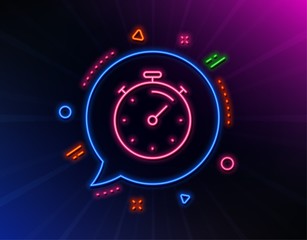 Timer line icon. Neon laser lights. Time management sign. Stopwatch symbol. Glow laser speech bubble. Neon lights chat bubble. Banner badge with timer icon. Vector