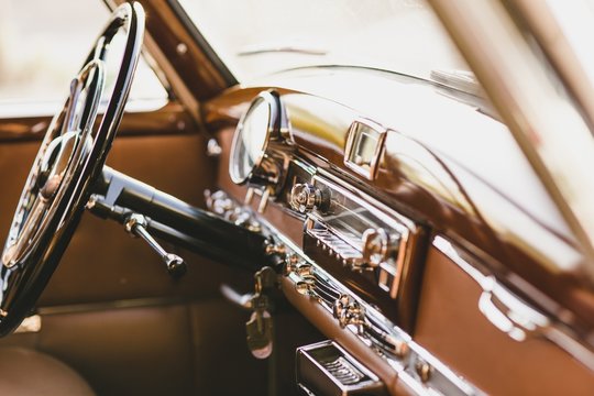 Valencia, Spain - October 14, 2018: Interior of a luxury vintage car.