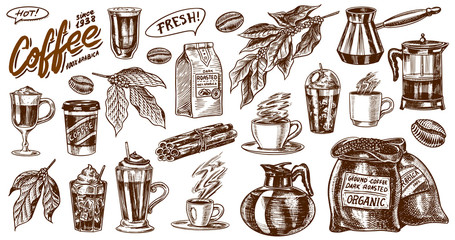 Coffee in vintage style. A bag of grain, cocoa leaves, cinnamon sticks, a cup and a teapot, a coffee maker and a bag of milk, calligraphic inscription. Hand drawn engraved retro sketch for labels.