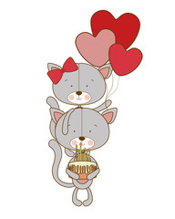 cute cat with helium balloons on white background