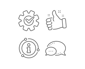 Cogwheel with check line icon. Chat bubble, info sign elements. Engineering tool sign. Cog gear symbol. Linear cogwheel outline icon. Information bubble. Vector