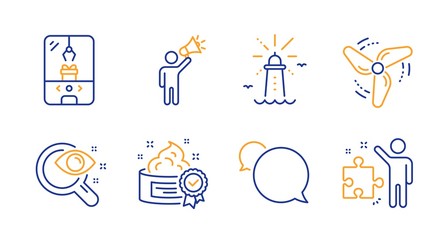 Vision test, Lighthouse and Brand ambassador line icons set. Cream, Crane claw machine and Messenger signs. Wind energy, Strategy symbols. Eyesight check, Navigation beacon. Vector