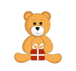 cute cartoon teddy bear toy sitting with gift. vector isolated image for children
