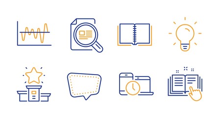 Book, Chat message and Winner podium line icons set. Check article, Light bulb and Stock analysis signs. Time management, Technical documentation symbols. E-learning course, Speech bubble. Vector
