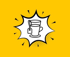 Tea with bag line icon. Comic speech bubble. Hot drink sign. Fresh beverage symbol. Yellow background with chat bubble. Tea icon. Colorful banner. Vector
