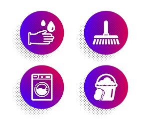 Washing machine, Cleaning mop and Rubber gloves icons simple set. Halftone dots button. Sponge sign. Laundry, Sweep a floor, Hygiene equipment. Cleaner bucket. Cleaning set. Vector