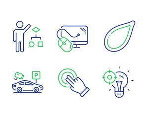 Algorithm, Computer mouse and Pumpkin seed line icons set. Touchscreen gesture, Parking security and Seo idea signs. Developers job, Pc component, Vegetarian food. Click hand. Business set. Vector