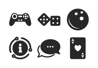 Video game joystick and playing card with dice symbols. Chat, info sign. Bowling and Casino icons. Entertainment signs. Classic style speech bubble icon. Vector