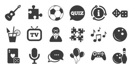 Set of Games, Entertainment and Services icons. Information, chat bubble icon. Football, Bowling and Puzzle signs. Casino, Carnival and Music symbols. Quality set. Vector