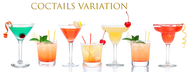 Cocktails composition variation row yellow red alcohol margarita martini cocktails composition with...