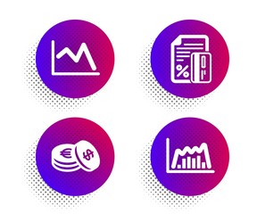 Credit card, Savings and Line chart icons simple set. Halftone dots button. Infographic graph sign. Loan percent, Cash coins, Financial graph. Line diagram. Finance set. Vector