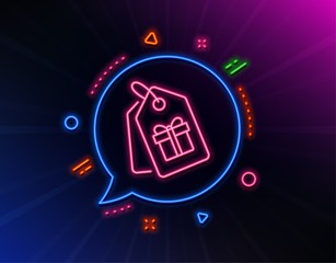 Coupons with Gifts line icon. Neon laser lights. Present box or Sale sign. Birthday Shopping symbol. Package in Gift Wrap. Glow laser speech bubble. Neon lights chat bubble. Vector