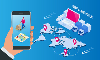Isometric Logistics and Delivery Infographics. Delivery home and office. City logistics. Warehouse, truck, forklift, courier, drone and delivery man