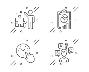 Strategy, Time management and Report line icons set. Quiz test sign. Business plan, Office clock, Presentation chart. Interview. Education set. Line strategy outline icon. Vector