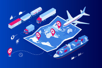 Web template banner Global logistics network Flat isometric illustration of air cargo trucking rail transportation maritime shipping On-time delivery Vehicles designed to carry large numbers of cargo