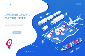 Web template banner Global logistics network Flat isometric illustration of air cargo trucking rail transportation maritime shipping On-time delivery Vehicles designed to carry large numbers of cargo - obrazy, fototapety, plakaty