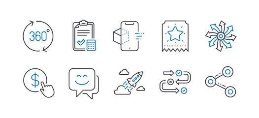 Set of Technology icons, such as Loyalty ticket, Versatile, Buy currency, Startup rocket, 360 degrees, Augmented reality, Survey progress, Smile face, Accounting checklist, Share. Vector
