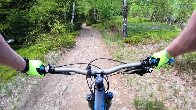 First person view of a mountain biker riding single trails on a sunny day with a Canyon Strive Enduro bike in the Harz region in Germany, filmed with GoPro Hero 7 in 4K.