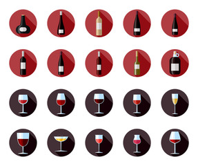 Flat vector icons of black and white wine bottles. Flat vector illustration of glass of wine and wine bottle with label.