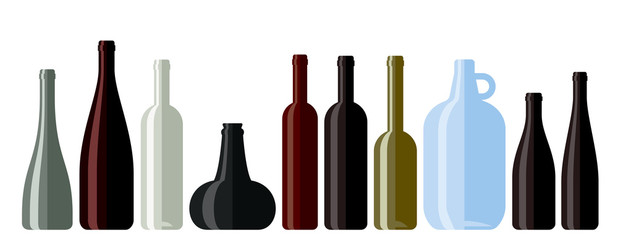 Flat vector icons of black and white wine bottles. Flat vector illustration of wine bottle without label.