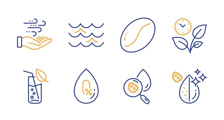 Water glass, Wind energy and Water analysis line icons set. Leaves, No alcohol and Waves signs. Coffee beans symbol. Soda drink, Breeze power. Nature set. Line water glass icon. Vector