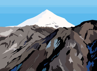 Vector drawing of the mountain peak. Flat vector illustration of mountains, rocks and peaks. - obrazy, fototapety, plakaty