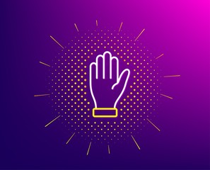 Hand line icon. Halftone pattern. Wave palm sign. Gesture symbol. Gradient background. Hand line icon. Yellow halftone pattern. Vector