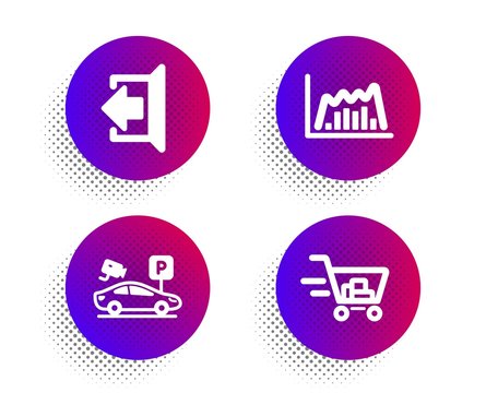 Infographic graph, Parking security and Sign out icons simple set. Halftone dots button. Shopping cart sign. Line diagram, Video camera, Logout. Online buying. Business set. Vector