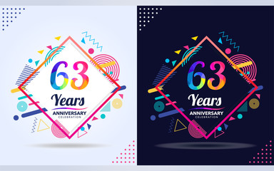 63 years anniversary with modern square design elements, colorful edition, celebration template design,