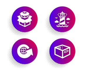 Packing boxes, Lighthouse and World globe icons simple set. Halftone dots button. Office box sign. Delivery box, Beacon tower, Around the world. Transportation set. Vector