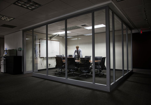 Businessman standing in glassed conference room
