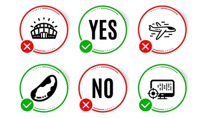 Sports stadium, Brazil nut and Airplane icons simple set. Yes no check box. Seo sign. Championship arena, Vegetarian, Plane. Search engine. Business set. Sports stadium icon. Check mark. Vector