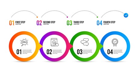 Scroll down, Idea and Talk bubble line icons set. Timeline infographic. Certificate sign. Swipe arrow, Creative message, Chat message. Verified award. Business set. Scroll down icon. Vector