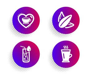 Water glass, Love coffee and Sunflower seed icons simple set. Halftone dots button. Latte sign. Soda drink, Cappuccino mug, Vegetarian food. Tea glass mug. Food and drink set. Vector