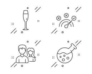 Correct answer, Champagne glass and Couple line icons set. Chemistry lab sign. Speed symbol, Winery, Male and female. Laboratory. Business set. Line correct answer outline icon. Vector