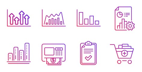 Graph chart, Atm and Histogram line icons set. Infographic graph, Checklist and Upper arrows signs. Report, Add products symbols. Growth report, Money withdraw. Finance set. Vector