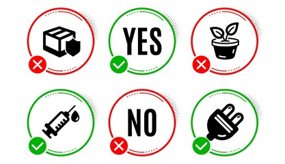 Medical syringe, Delivery insurance and Leaves icons simple set. Yes no check box. Electric plug sign. Vaccination, Parcel protection, Grow plant. Energy. Business set. Medical syringe icon. Vector