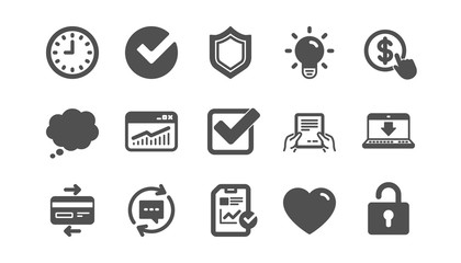 Report, Time and Credit card icons. Statistics, Light bulb and Shield protection. Classic icon set. Quality set. Vector
