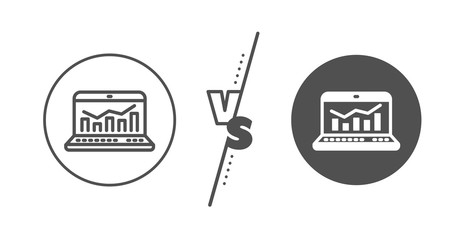 Web analytics symbol. Versus concept. Marketing statistics line icon. Laptop or Notebook sign. Line vs classic web analytics icon. Vector