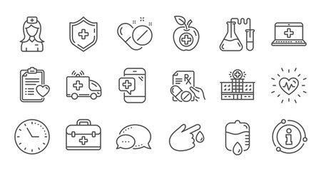 Medical line icons. Hospital assistance, Health food diet and Laboratory. Chemistry linear icon set. Quality line set. Vector