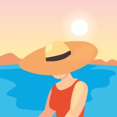 beautiful woman with swimsuit and hat summer time