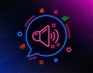 Loud sound line icon. Neon laser lights. Music sound sign. Musical device symbol. Glow laser speech bubble. Neon lights chat bubble. Banner badge with loud sound icon. Vector