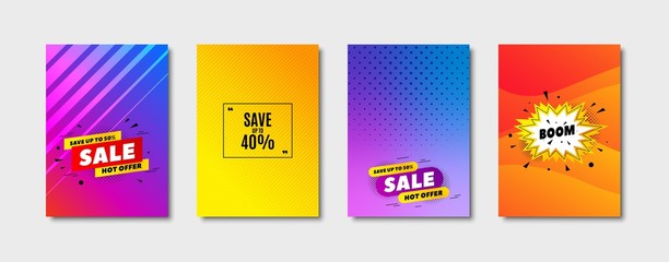 Save up to 40%. Cover design, banner badge. Discount Sale offer price sign. Special offer symbol. Poster template. Sale, hot offer discount. Flyer or cover background. Coupon, banner design. Vector