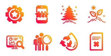 Settings gear, Grow plant and Search people line icons set. Christmas tree, Recycle water and Star signs. Seo analytics, Delete file symbols. Technology process, Leaves. Business set. Vector