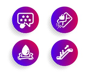 Ranking star, Love letter and Water splash icons simple set. Halftone dots button. Escalator sign. Click rank, Heart, Aqua drop. Elevator. Business set. Classic flat ranking star icon. Vector