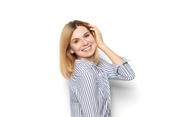 Portrait of woman with beautiful face on white background