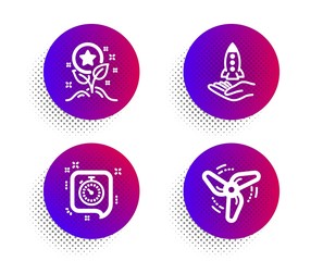 Crowdfunding, Loyalty points and Timer icons simple set. Halftone dots button. Wind energy sign. Start business, Bonus grows, Time management. Ventilator. Technology set. Vector