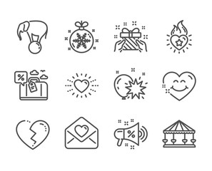 Set of Holidays icons, such as Sale megaphone, Broken heart, Heart flame, Love letter, Travel loan, Gift, Smile face, Elephant on ball, Balloon dart, Carousels, Christmas ball line icons. Vector